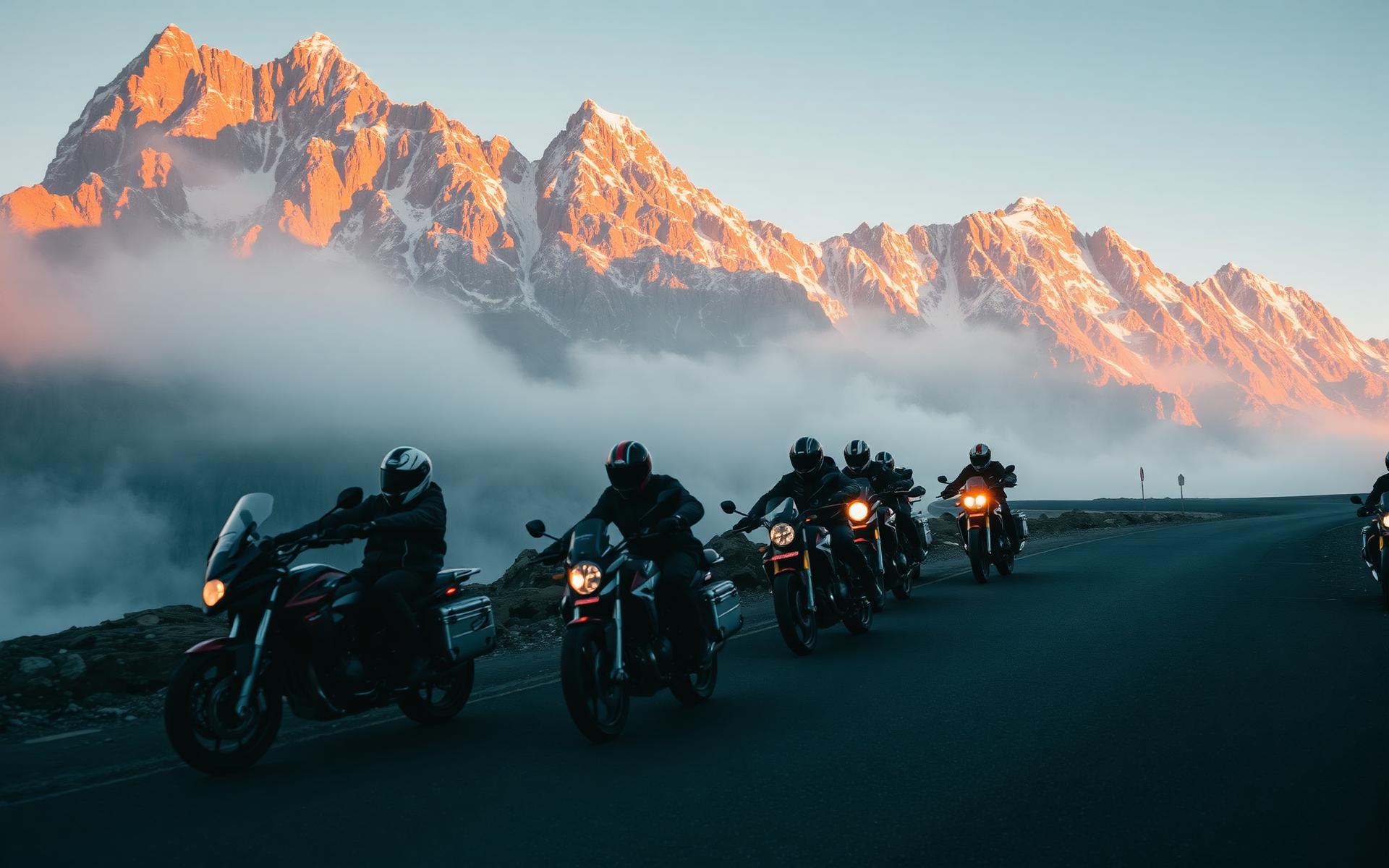 Motards en virage sur un col alpin au lever du soleil